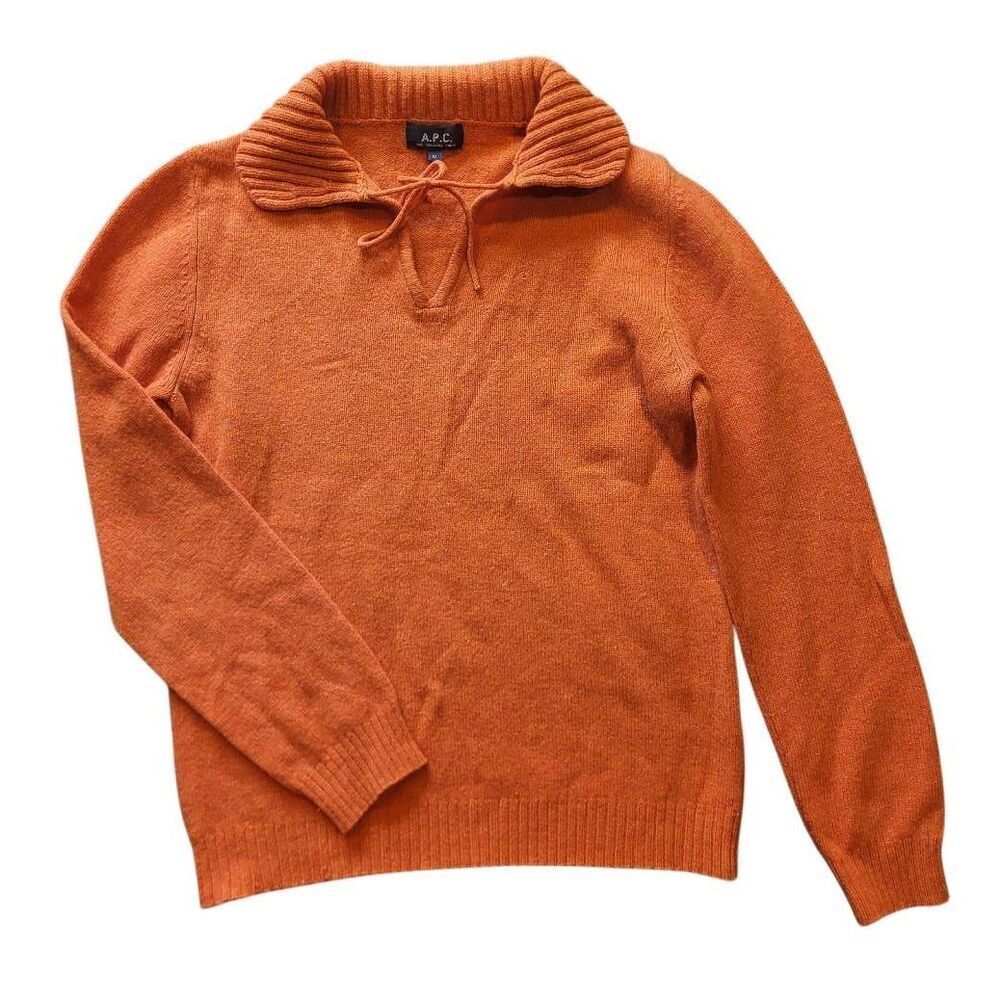 Vintage A.P.C. Sweater Women's Medium Orange Collared Tie Neck Wool Designer